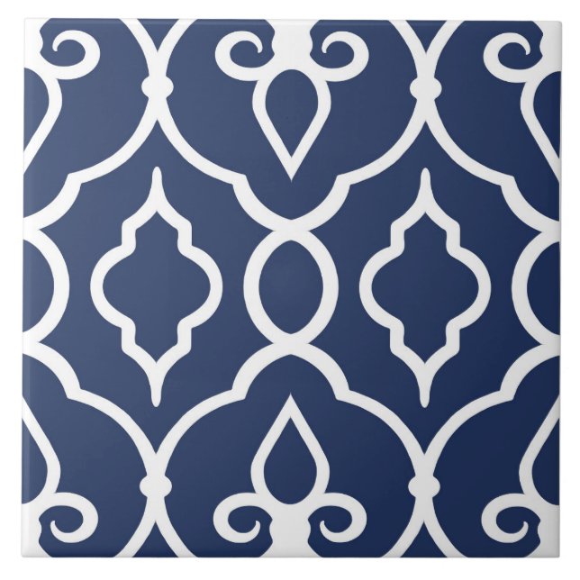 Moderne, elegante Ornamente in Marineblau, Weiß Fliese (Vorderseite)