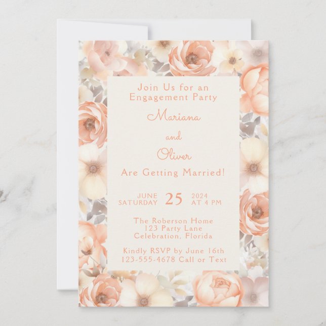 Moderne elegante Peach Beige Floral Engagement Par Einladung (Vorderseite)