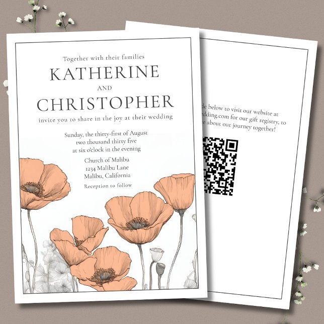 Moderne Elegante Peach Poppies Blumenhochzeit Einladung (Modern Elegant Peach Wedding Invitations featuring California Poppies and Modern Typography.)
