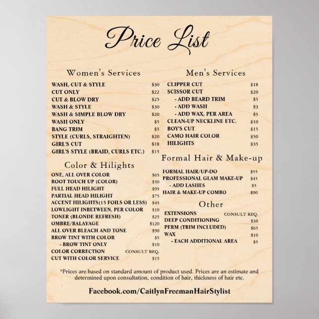 Moderne elegante Preisliste des Schönheitssalons Poster (Vorne)
