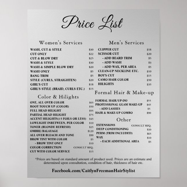 Moderne elegante Preisliste des Schönheitssalons Poster (Vorne)