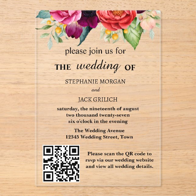 Moderne, elegante QR-Code-Hochzeit Acryleinladungen (Vorderseite)
