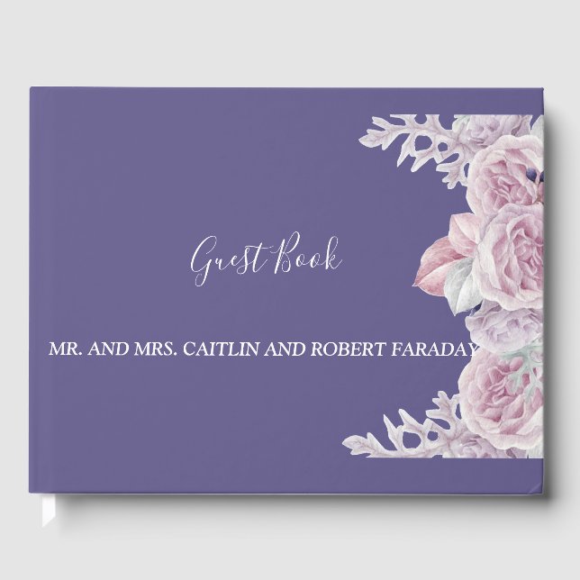 Moderne elegante Rahmen lila floral Gästebuch (Vorderseite)