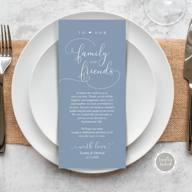 Moderne elegante Räumlichkeiten mit Karte (Modern Elegant Wedding Dinner Place Setting Thank You Card, Plate Decor, in Dusty Blue)