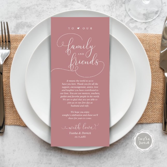 Moderne elegante Räumlichkeiten mit Karte (Modern Elegant Wedding Dinner Place Setting Thank You Card, Plate Decor, in Dusty Rose Pink)