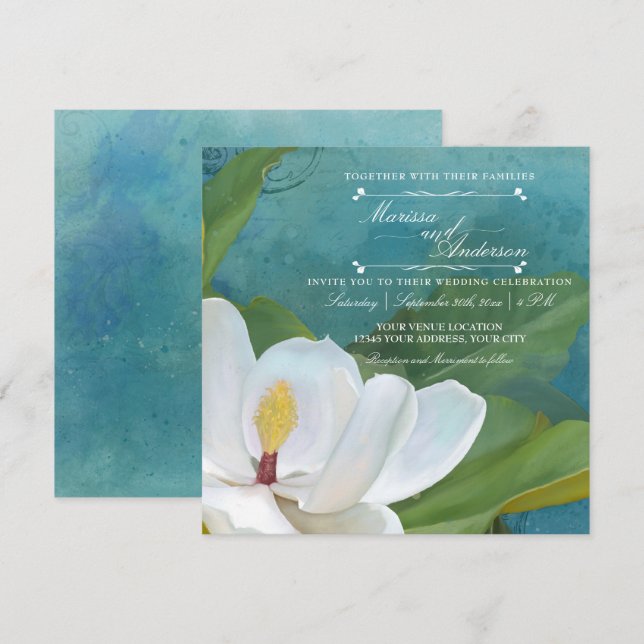 Moderne Elegante Romantische Magnolia Blumentypogr Einladung (Vorne/Hinten)