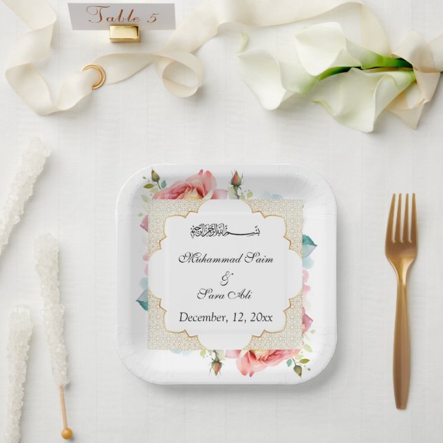 Moderne elegante rosa Blume Nikah muslimische Einl Pappteller (Hochzeit)
