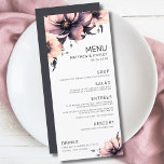 Moderne elegante rosa Blumenhochzeit Menükarte<br><div class="desc">Niedliches und schlichtes modernes Hochzeitsdesign in Rosa, Schwarz und Weiß Blume. Klassisch aber skurril mit rosa, schwarz, grau und cremefarbenen Blume mit schwarzen Schriftart und modernen Schriftzeichen. Bearbeiten Sie den gesamten Text zu Ihren eigenen Informationen. Sie können sogar die Hintergrundfarbe auf alles ändern, was Sie gewollt haben! Ich habe auch...</div>