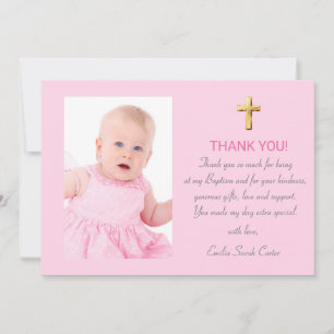 Moderne Elegante Rosa Gold Kreuz Mädchen Taufe Dankeskarte