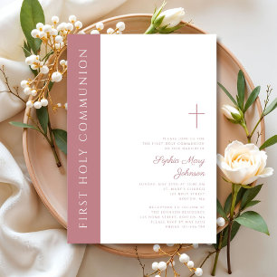 Moderne elegante rosa Kreuz Mädchen Erste Kommunio Einladung