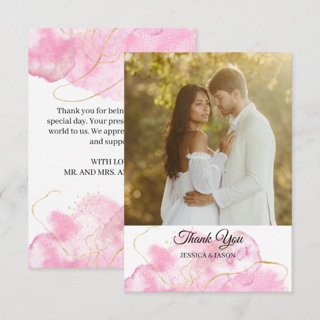 Moderne, elegante Rosa- und Gold-Foto-Hochzeit Dankeskarte (Vorne/Hinten)