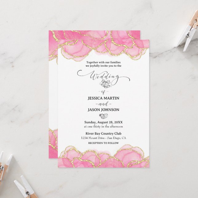 Moderne, elegante Rosa- und Goldhochzeit Einladung (Vorderseite/Rückseite Beispiel)