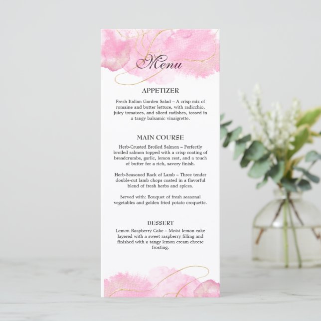 Moderne, elegante Rosa- und Goldhochzeit Menükarte (Stehend Vorderseite)