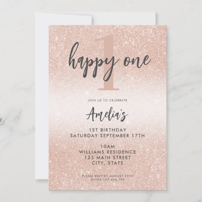 Moderne elegante Rose Gold 1. Geburtstag Einladung (Vorderseite)