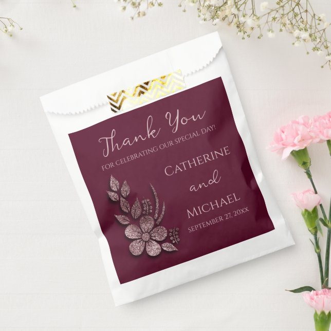 Moderne Elegante Rose Gold Glitzer Blumen & Burgun Geschenktütchen (Versiegelt)