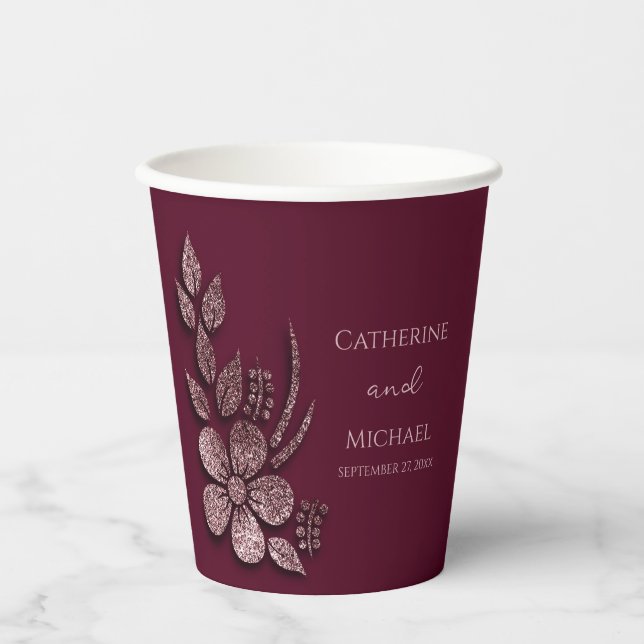 Moderne Elegante Rose Gold Glitzer Blumen & Burgun Pappbecher (Vorderseite)