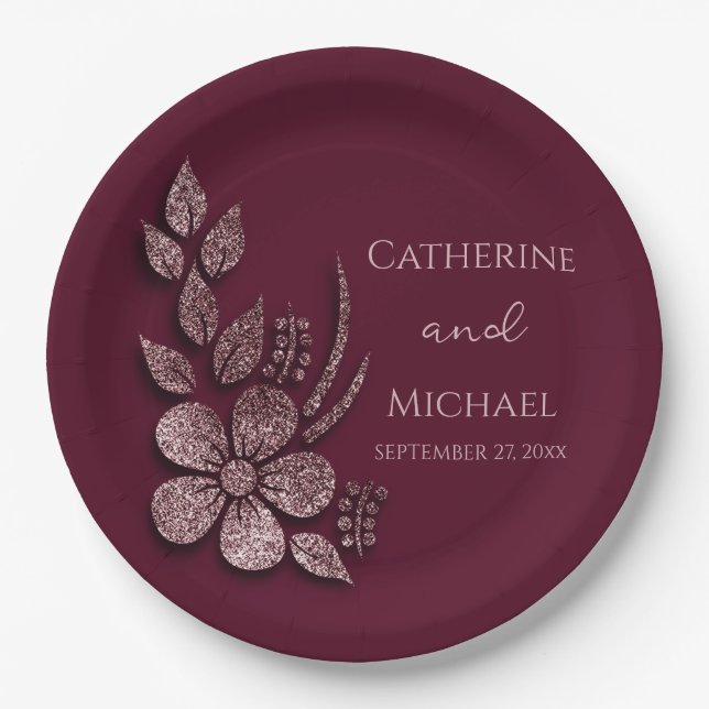 Moderne Elegante Rose Gold Glitzer Blumen & Burgun Pappteller (Vorderseite)