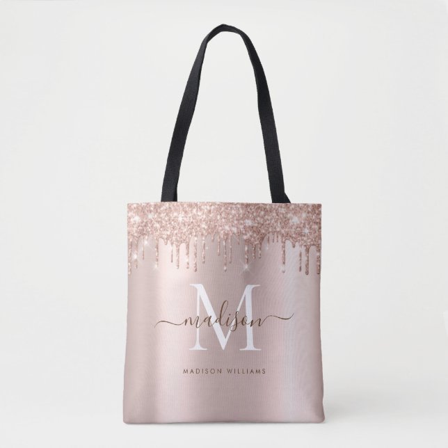 Moderne elegante Rose Gold Glitzer Monogram Script Tasche (Vorderseite)