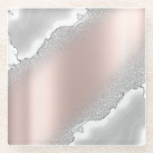 Moderne Elegante Rose Gold Glitzer Silbermarmor Glasuntersetzer