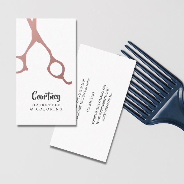 Moderne Elegante Rose Gold Scheren Haarstylistin Visitenkarte (Von Creator hochgeladen)