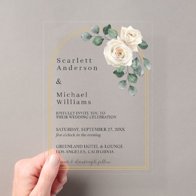 Moderne Elegante Rose und Golden Arch Hochzeit Acryleinladungen (Insitu (Handheld))