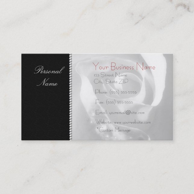 Moderne elegante Rose White Bridal auf dem Schwarz Visitenkarte (Vorderseite)