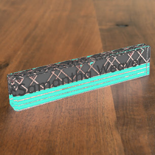 Moderne elegante Rosen-Golddreiecke und aquamarine Namensplakette