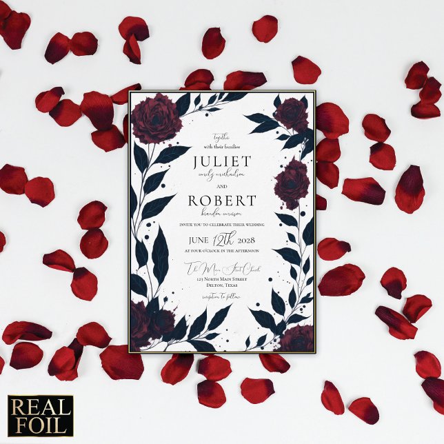 Moderne Elegante Rote Rose Black Leaf Wedding Gold Folieneinladung (Von Creator hochgeladen)