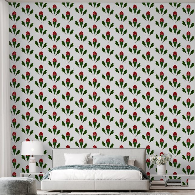 Moderne Elegante Rote Rosen & grünes, heiliges Mus Tapete (Schlafzimmer)