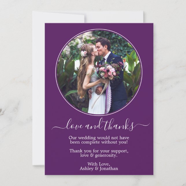 Moderne elegante Round Foto Frame Lila Hochzeit Dankeskarte (Vorderseite)