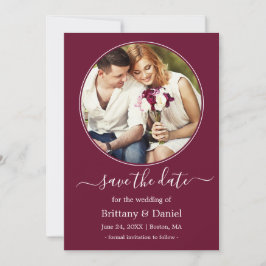 Moderne Elegante runde Foto-Rahmen Burgund Save The Date