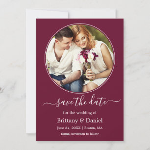 Moderne Elegante runde Foto-Rahmen Burgund Save The Date