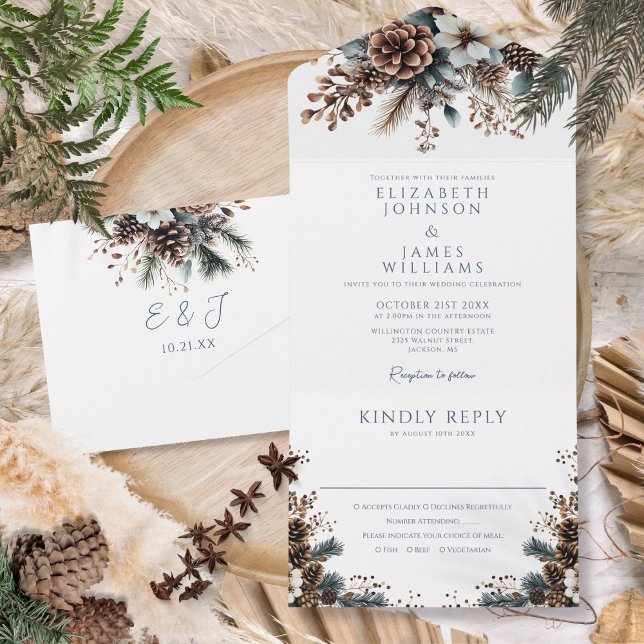 Moderne Elegante Rustikale Pinecone All In One Einladung (Modern Elegant Rustic Pinecone Floral Wedding All In One Invitation)