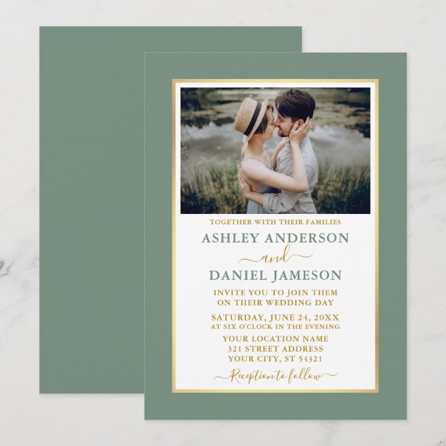 Moderne elegante Sage Green Gold Hochzeit Einladung (Vorne/Hinten)