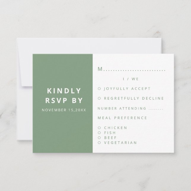 Moderne elegante Sage Green Minimalistisch Wedding RSVP Karte (Vorderseite)