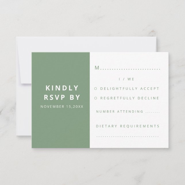 Moderne elegante Sage Green Minimalistisch Wedding RSVP Karte (Vorderseite)