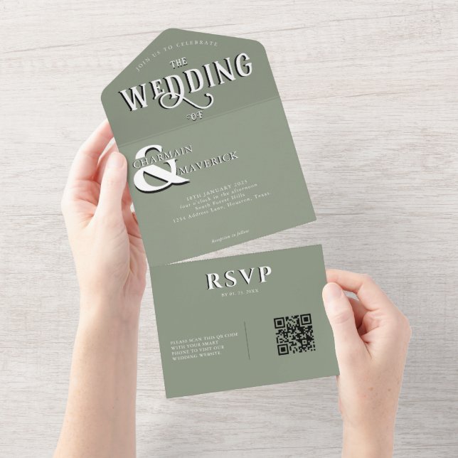 Moderne elegante Sage Green QR Code Hochzeit All In One Einladung (Abreißen)