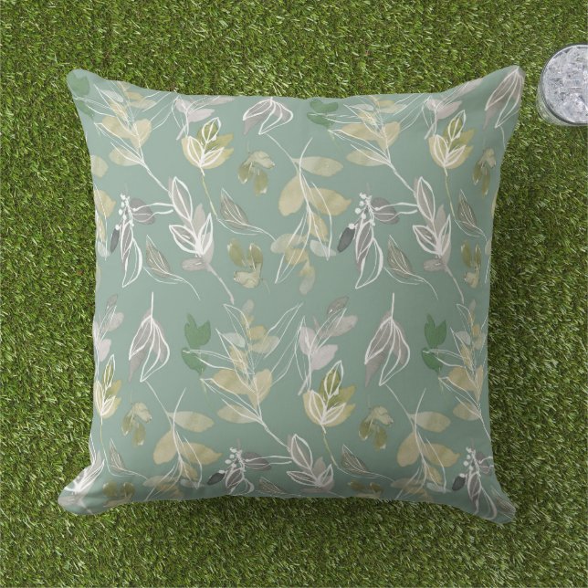 Moderne elegante Sage Green Silver Blätter Foliage Kissen (Gras)