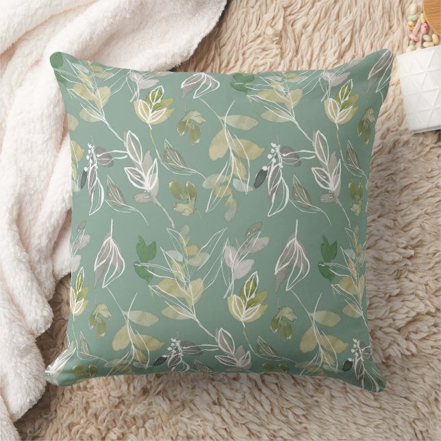 Moderne elegante Sage Green Silver Blätter Foliage Kissen (Decke)