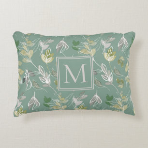 Moderne elegante Sage Green Silver Blätter Monogra Dekokissen