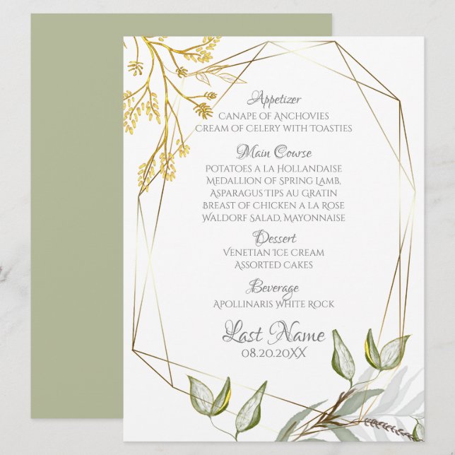 Moderne, elegante Sage Green und Gold Foliage Menükarte (Vorne/Hinten)