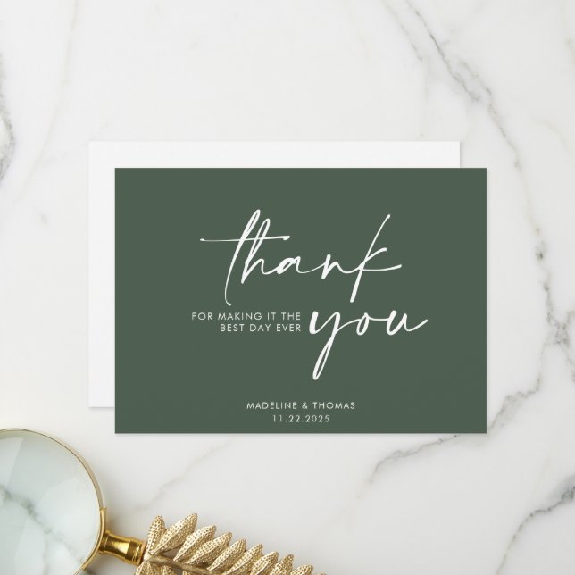Moderne elegante Sage Green Wedding Dankeschön Car Dankeskarte (Vorderseite/Rückseite Beispiel)