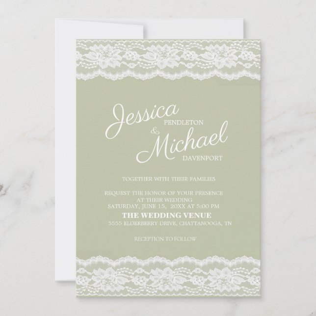 Moderne elegante Sage Green White Lace Hochzeit Einladung (Vorderseite)