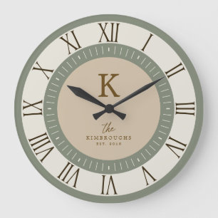 Moderne Elegante Salbei Creme Beige Monogramm Fami Große Wanduhr