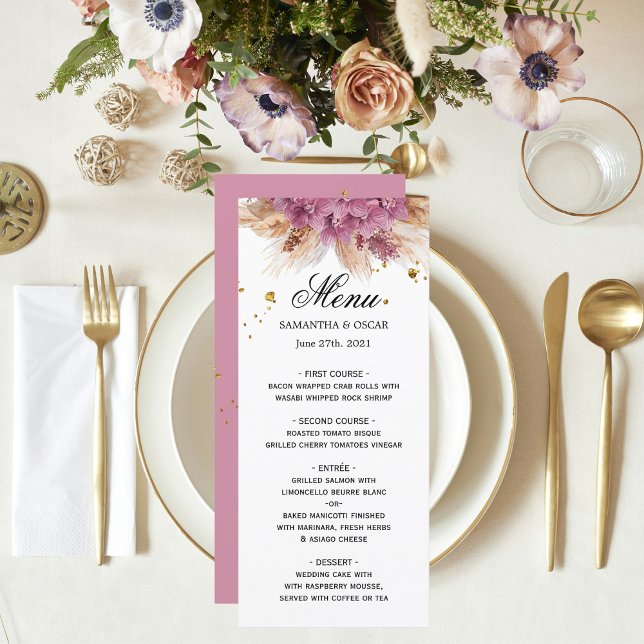 Moderne Elegante Schönheit Rosa Orchid & Pampas &  Menükarte (Von Creator hochgeladen)