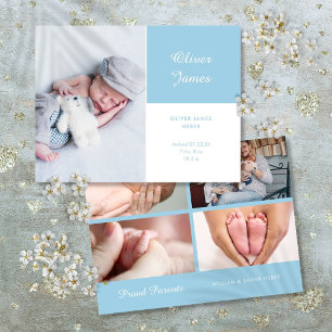 Moderne elegante Schrift Baby Boy Foto Blau Geburt Ankündigungspostkarte