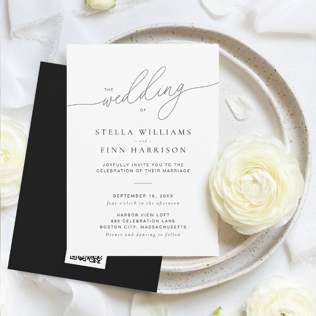 Moderne elegante Schrift Minimalistischer QR-Code  Einladung (Modern Elegant Script Minimalist QR Code Wedding Invitation)