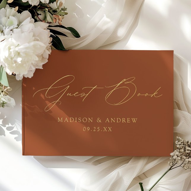 Moderne elegante Schrift Terrakotta-Hochzeit Gästebuch (Von Creator hochgeladen)