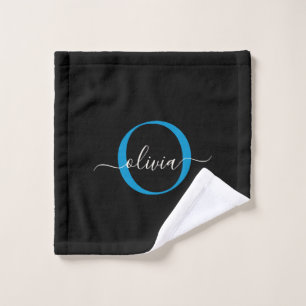 Moderne elegante schwarz-blaue Monogram-Skriptbeze Badhandtuch Set