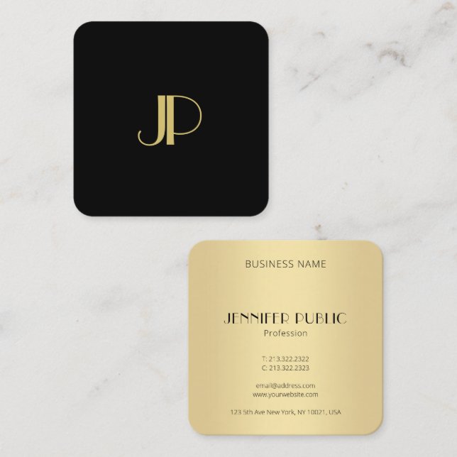 Moderne, elegante Schwarz-Gold-Mit Monogramm Vorla Quadratische Visitenkarte (Vorne/Hinten)